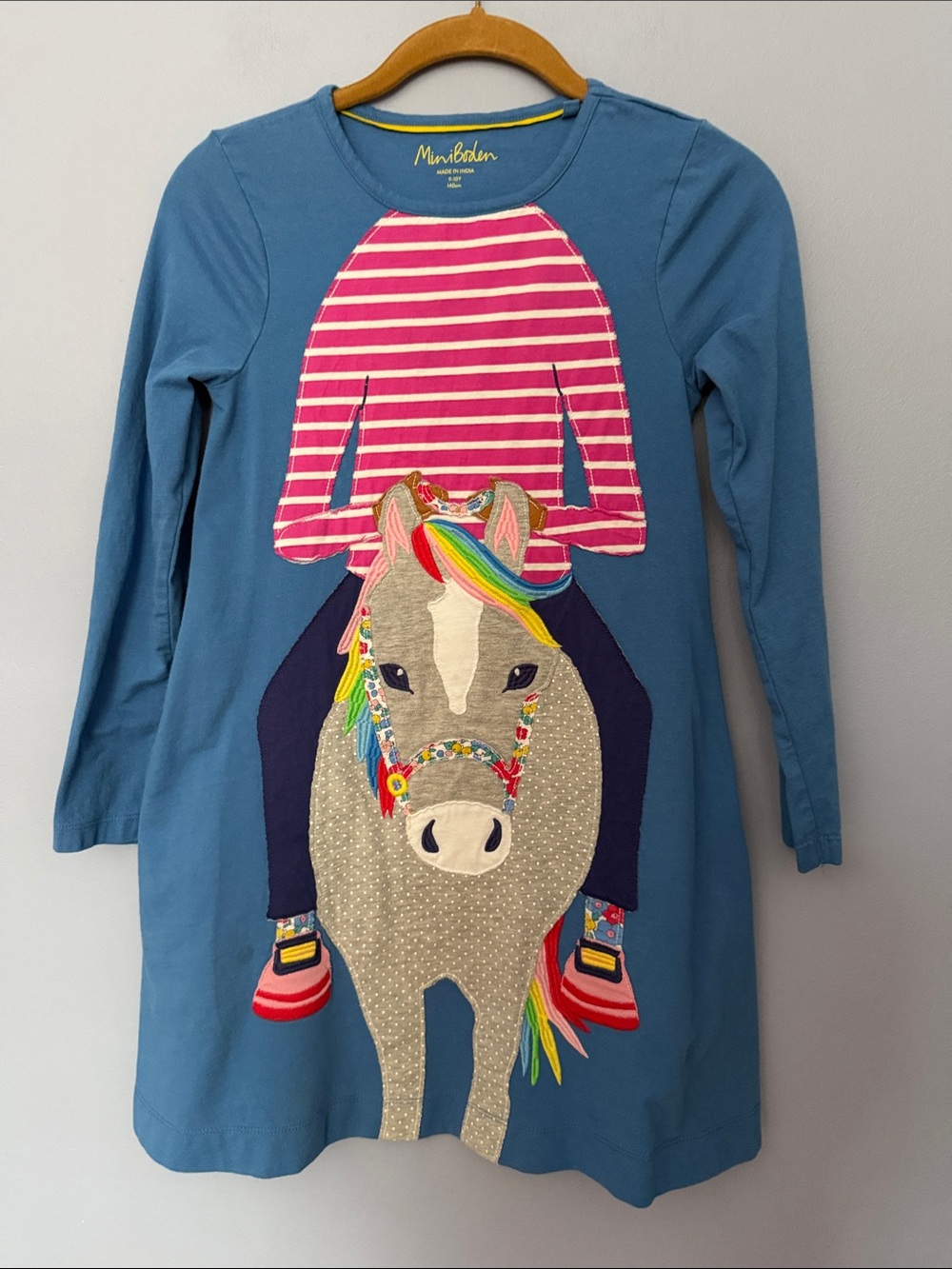 Mini Boden Blue Unicorn Appliqué Dress Size 9–10 Years